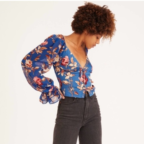 NWT Urban Outfitters Topanga Button Front Cropped Blue Floral Ruffle Blouse Top - Picture 12 of 12